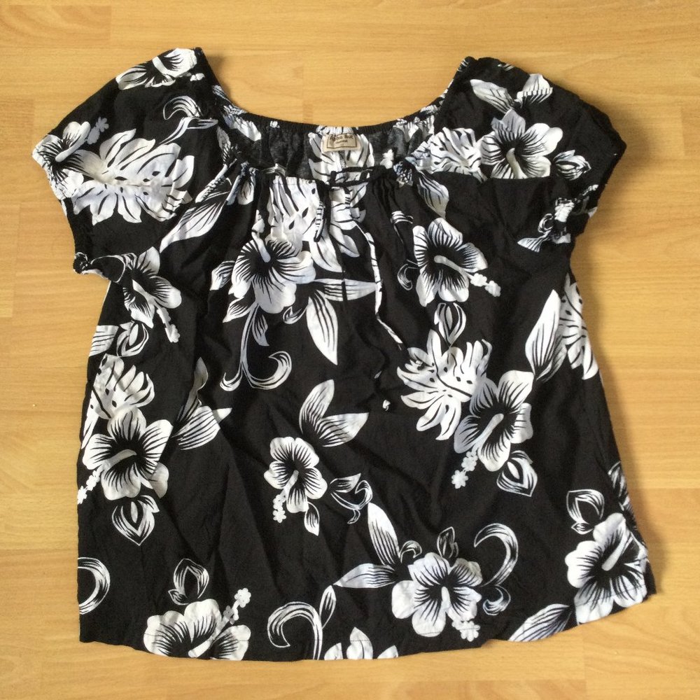 Aloha Hut 3X Hawaiian Off Shoulder Blouse Top Black White Tropical Floral Print